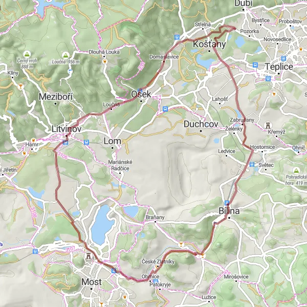 Miniaturní mapa "Gravel okolo Severozápadního Košťany" inspirace pro cyklisty v oblasti Severozápad, Czech Republic. Vytvořeno pomocí plánovače tras Tarmacs.app