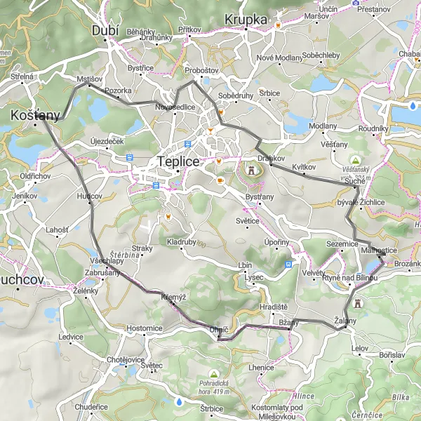 Mapa miniatúra "Cyklotúra okolo Košťan" cyklistická inšpirácia v Severozápad, Czech Republic. Vygenerované cyklistickým plánovačom trás Tarmacs.app