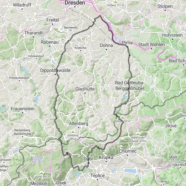 Miniaturní mapa "Okruh z Košťan s výhledem na Nové Město a Trümmerberg" inspirace pro cyklisty v oblasti Severozápad, Czech Republic. Vytvořeno pomocí plánovače tras Tarmacs.app