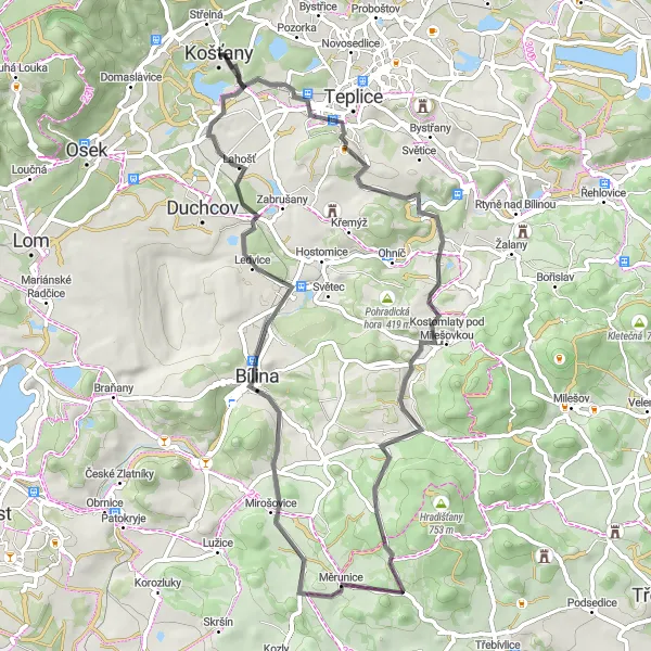 Miniaturní mapa "Cesta na silnici od Severozápadního Košťany" inspirace pro cyklisty v oblasti Severozápad, Czech Republic. Vytvořeno pomocí plánovače tras Tarmacs.app