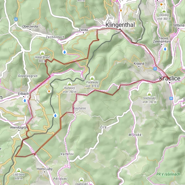 Karten-Miniaturansicht der Radinspiration "Gravel-Abenteuer rund um Kraslice" in Severozápad, Czech Republic. Erstellt vom Tarmacs.app-Routenplaner für Radtouren