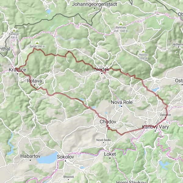 Map miniature of "Kraslice to Jedlovec Gravel Adventure" cycling inspiration in Severozápad, Czech Republic. Generated by Tarmacs.app cycling route planner