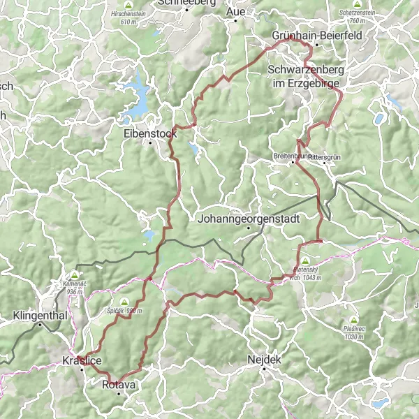 Map miniature of "Kraslice to Bukový vrch Gravel Ride" cycling inspiration in Severozápad, Czech Republic. Generated by Tarmacs.app cycling route planner