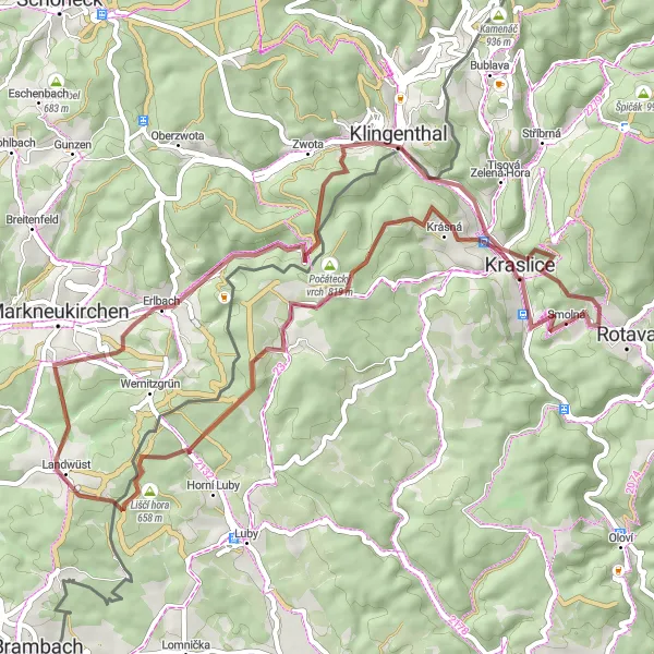 Mapa miniatúra "Kraslice - Sokol - Počátky - Wirtsberg - Erlbach - Počátecký vrch - Klingenthal - Vyhlídka Josefa II. - Sklená" cyklistická inšpirácia v Severozápad, Czech Republic. Vygenerované cyklistickým plánovačom trás Tarmacs.app