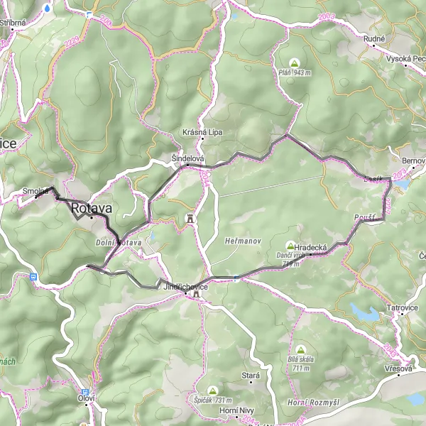 Map miniature of "Kraslice to Šindelová Road Route" cycling inspiration in Severozápad, Czech Republic. Generated by Tarmacs.app cycling route planner