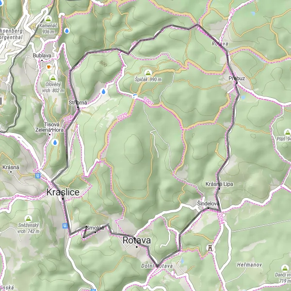 Map miniature of "Stříbrná and Krásná Lípa Loop" cycling inspiration in Severozápad, Czech Republic. Generated by Tarmacs.app cycling route planner