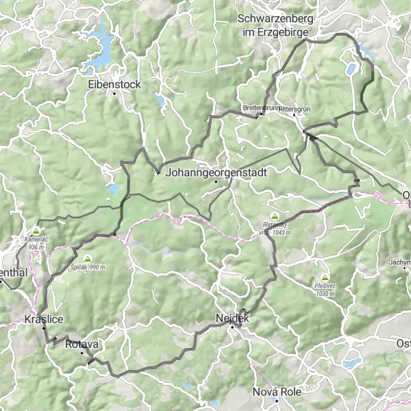 Miniaturní mapa "Výstup na Zlatý Kopec" inspirace pro cyklisty v oblasti Severozápad, Czech Republic. Vytvořeno pomocí plánovače tras Tarmacs.app