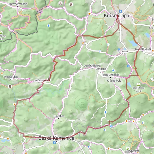 Mapa miniatúra "Jízda po hřebenech s výhledem na Malou Tisovou a Janskou" cyklistická inšpirácia v Severozápad, Czech Republic. Vygenerované cyklistickým plánovačom trás Tarmacs.app