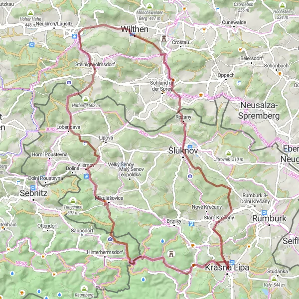 Map miniature of "Zadní Doubice Gravel Loop" cycling inspiration in Severozápad, Czech Republic. Generated by Tarmacs.app cycling route planner