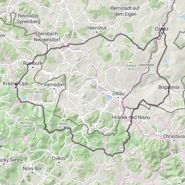 Mapa miniatúra "Road trip s výhledem na Bismarckturm Neugersdorf a Księża Góra" cyklistická inšpirácia v Severozápad, Czech Republic. Vygenerované cyklistickým plánovačom trás Tarmacs.app