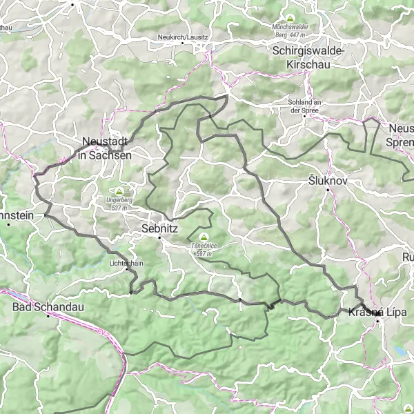 Karten-Miniaturansicht der Radinspiration "Die Hinterhermsdorf Rundtour" in Severozápad, Czech Republic. Erstellt vom Tarmacs.app-Routenplaner für Radtouren