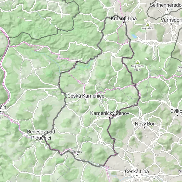 Miniaturní mapa "Road Krásná Lípa - Krásná Lípa" inspirace pro cyklisty v oblasti Severozápad, Czech Republic. Vytvořeno pomocí plánovače tras Tarmacs.app
