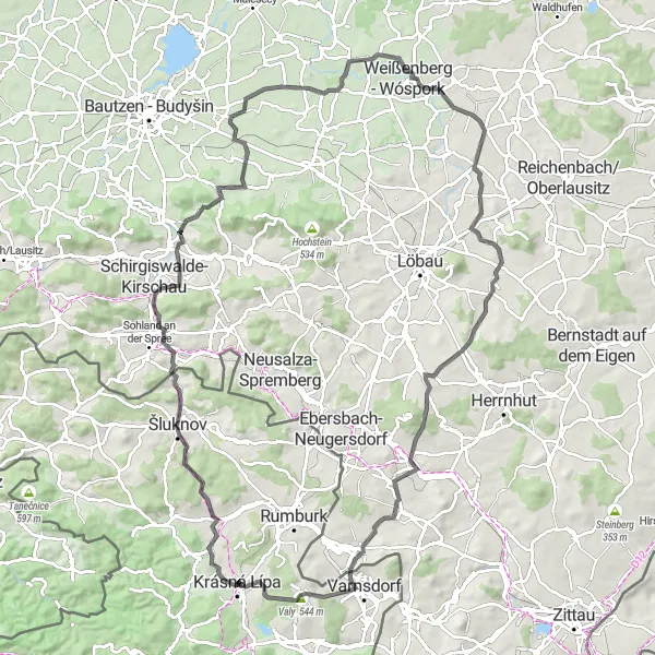 Miniaturní mapa "Road Krásná Lípa - Krásná Lípa" inspirace pro cyklisty v oblasti Severozápad, Czech Republic. Vytvořeno pomocí plánovače tras Tarmacs.app