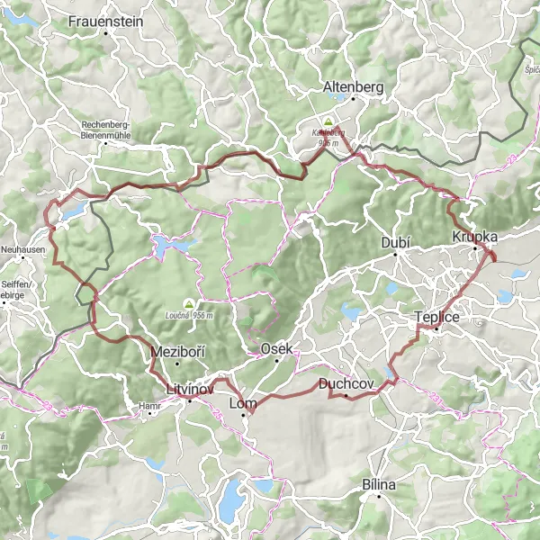 Map miniature of "Krupka to Zabrušany via Hrad Krupka" cycling inspiration in Severozápad, Czech Republic. Generated by Tarmacs.app cycling route planner