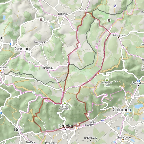 Miniatura mapy "Trasa gravelowa z Krupki do Kyšperka" - trasy rowerowej w Severozápad, Czech Republic. Wygenerowane przez planer tras rowerowych Tarmacs.app