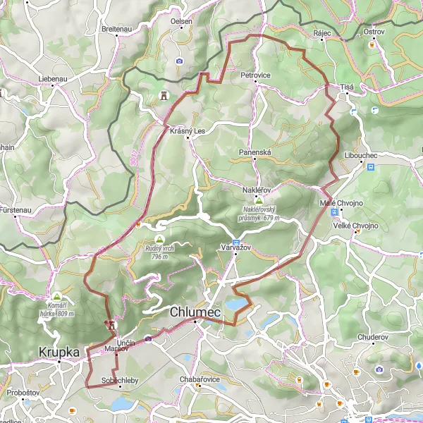 Mapa miniatúra "Gravelový okruh přes Tisou a Jedlovou horu" cyklistická inšpirácia v Severozápad, Czech Republic. Vygenerované cyklistickým plánovačom trás Tarmacs.app