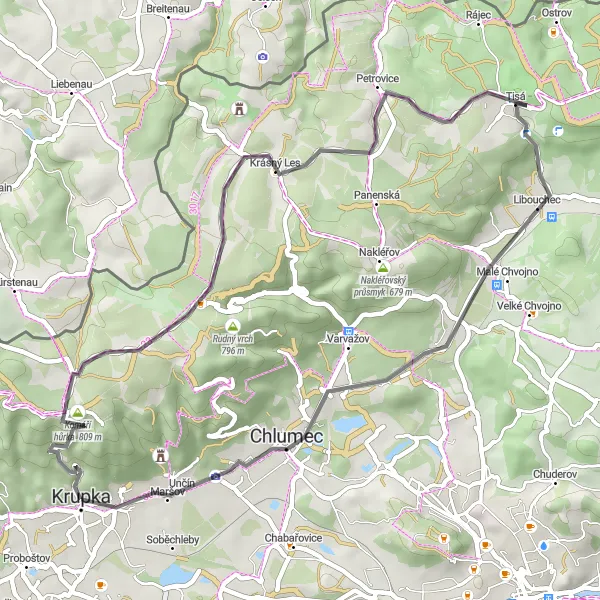 Miniaturní mapa "Cestování po okolí Krupka" inspirace pro cyklisty v oblasti Severozápad, Czech Republic. Vytvořeno pomocí plánovače tras Tarmacs.app