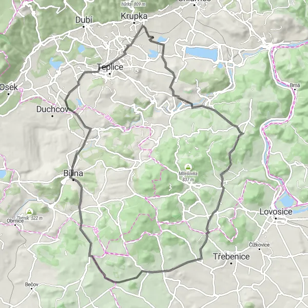 Mapa miniatúra "Okruh přes Věšťany a Třešňovku" cyklistická inšpirácia v Severozápad, Czech Republic. Vygenerované cyklistickým plánovačom trás Tarmacs.app
