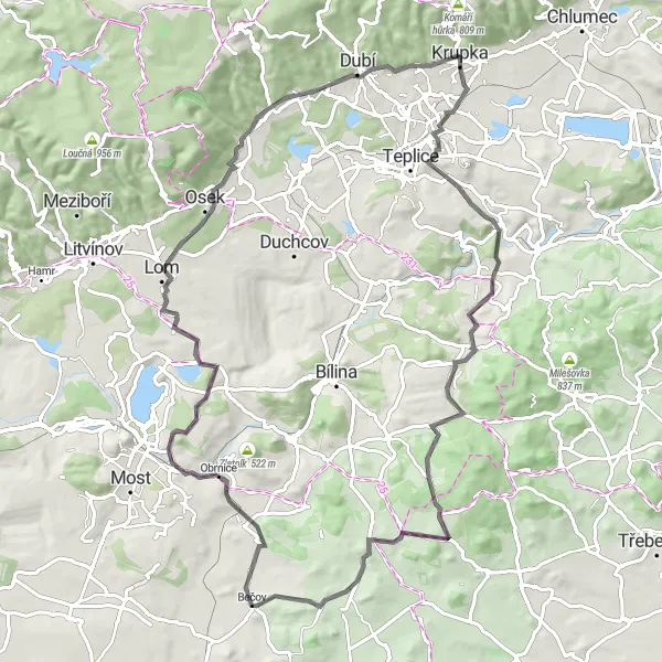 Miniaturní mapa "Výlet po cyklistických trasách u Krupka" inspirace pro cyklisty v oblasti Severozápad, Czech Republic. Vytvořeno pomocí plánovače tras Tarmacs.app