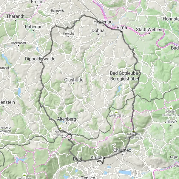 Karten-Miniaturansicht der Radinspiration "Panoramafahrt durch die Region um Krupka" in Severozápad, Czech Republic. Erstellt vom Tarmacs.app-Routenplaner für Radtouren