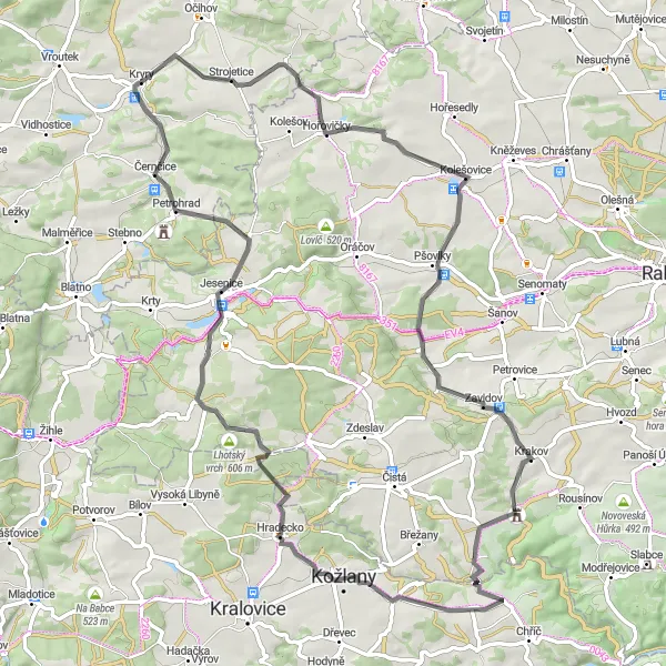 Miniaturní mapa "Silniční okruh kolem Kryr" inspirace pro cyklisty v oblasti Severozápad, Czech Republic. Vytvořeno pomocí plánovače tras Tarmacs.app