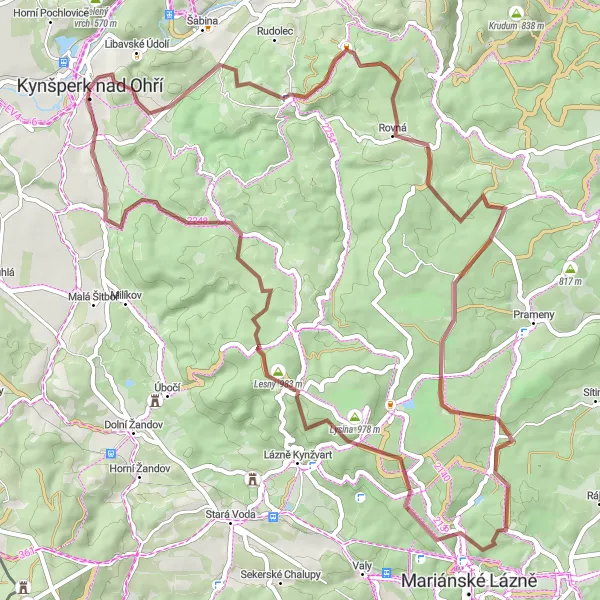 Mapa miniatúra "Cyklotrasa Kynšperk nad Ohří - Mokřina (štýlový cyklus)" cyklistická inšpirácia v Severozápad, Czech Republic. Vygenerované cyklistickým plánovačom trás Tarmacs.app