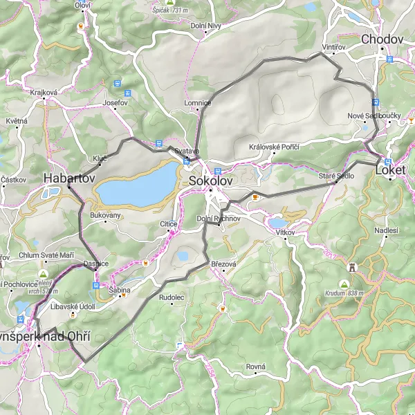 Mapa miniatúra "Zajímavá cesta okolo Kynšperka nad Ohří" cyklistická inšpirácia v Severozápad, Czech Republic. Vygenerované cyklistickým plánovačom trás Tarmacs.app