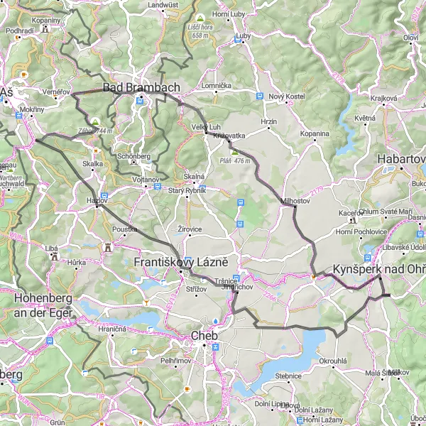 Miniaturní mapa "Okružní cyklistická trasa Kynšperk nad Ohří" inspirace pro cyklisty v oblasti Severozápad, Czech Republic. Vytvořeno pomocí plánovače tras Tarmacs.app