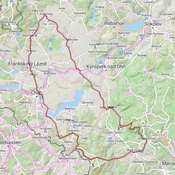 Miniaturní mapa "Gravelový dobrodružný výlet okolo Lázní Kynžvart" inspirace pro cyklisty v oblasti Severozápad, Czech Republic. Vytvořeno pomocí plánovače tras Tarmacs.app