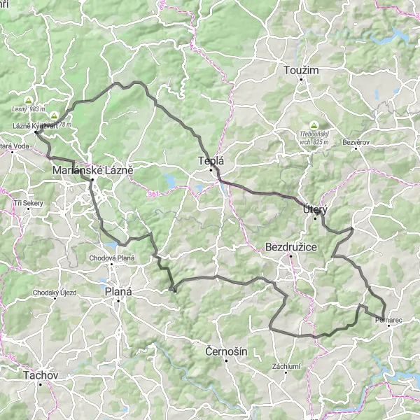 Map miniature of "Lázně Kynžvart Road Cycling Route" cycling inspiration in Severozápad, Czech Republic. Generated by Tarmacs.app cycling route planner