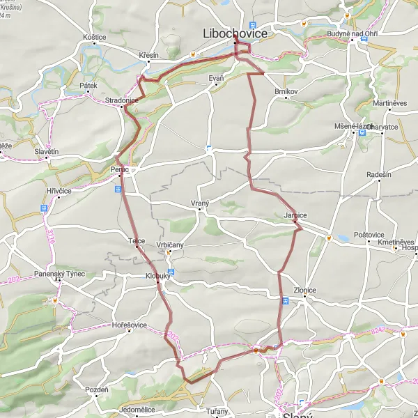 Map miniature of "Libochovice - Lukov - Řipec - Kvílice - Telce - Stradonka - Libochovice" cycling inspiration in Severozápad, Czech Republic. Generated by Tarmacs.app cycling route planner