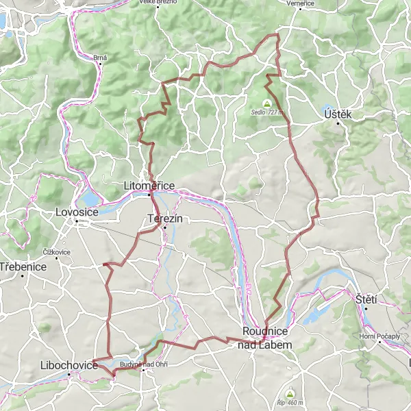Miniaturní mapa "Gravelová výprava z Libochovic - Dobrodružství na kole" inspirace pro cyklisty v oblasti Severozápad, Czech Republic. Vytvořeno pomocí plánovače tras Tarmacs.app