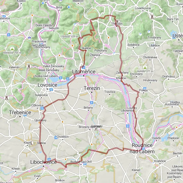 Mapa miniatúra "Trasa okolo Libochovic (gravel)" cyklistická inšpirácia v Severozápad, Czech Republic. Vygenerované cyklistickým plánovačom trás Tarmacs.app