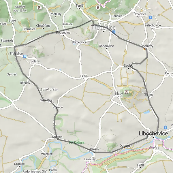 Map miniature of "Libochovice - Vojnice - Vršetín - Třebenice - Slatina - Libochovice" cycling inspiration in Severozápad, Czech Republic. Generated by Tarmacs.app cycling route planner