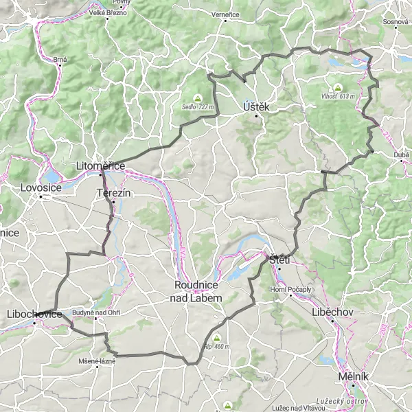 Karten-Miniaturansicht der Radinspiration "Die große Rundtour von Libochovice" in Severozápad, Czech Republic. Erstellt vom Tarmacs.app-Routenplaner für Radtouren