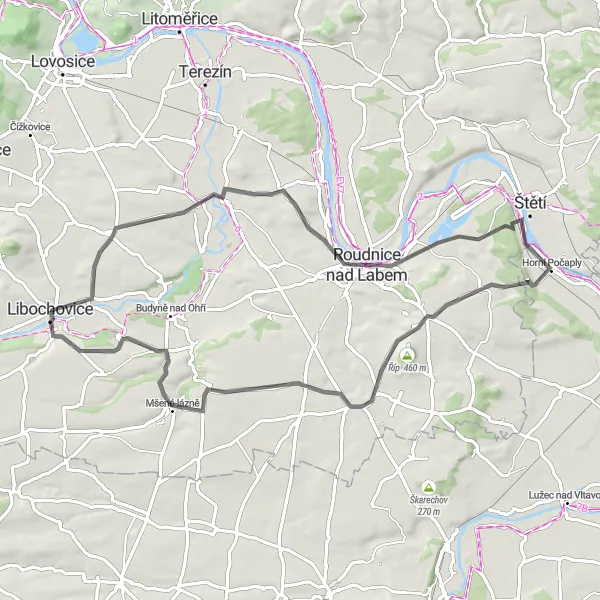 Miniaturní mapa "Okolím Libochovic - Tradiční cyklistická cesta" inspirace pro cyklisty v oblasti Severozápad, Czech Republic. Vytvořeno pomocí plánovače tras Tarmacs.app