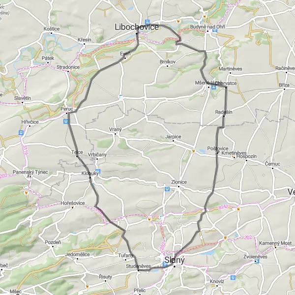 Map miniature of "Libochovice - Charvatce - Poštovice - Slánská hora - Lotouš - Klobuky - Poplze" cycling inspiration in Severozápad, Czech Republic. Generated by Tarmacs.app cycling route planner