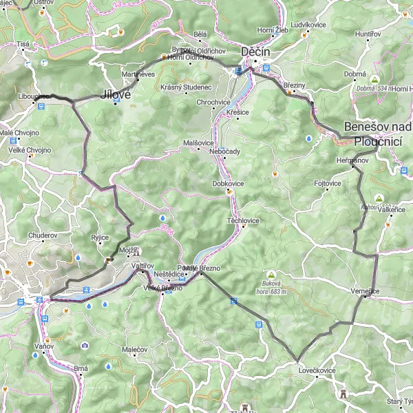 Map miniature of "Libouchec to Modrá Round-Trip Cycling Route" cycling inspiration in Severozápad, Czech Republic. Generated by Tarmacs.app cycling route planner