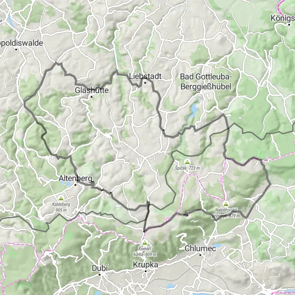 Mapa miniatúra "Road Rudný vrch Adventure" cyklistická inšpirácia v Severozápad, Czech Republic. Vygenerované cyklistickým plánovačom trás Tarmacs.app