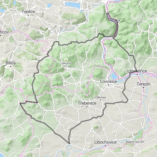 Miniaturní mapa "Výlet okolo Litoměřic" inspirace pro cyklisty v oblasti Severozápad, Czech Republic. Vytvořeno pomocí plánovače tras Tarmacs.app