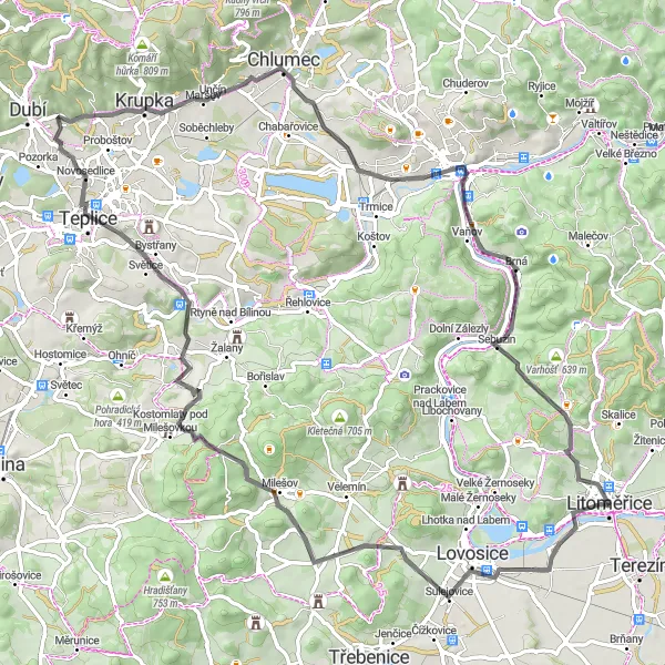 Miniaturní mapa "Silniční výlet kolem Litoměřic" inspirace pro cyklisty v oblasti Severozápad, Czech Republic. Vytvořeno pomocí plánovače tras Tarmacs.app