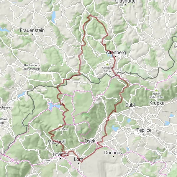 Map miniature of "Litvínov - Hoher Brand Gravel Adventure" cycling inspiration in Severozápad, Czech Republic. Generated by Tarmacs.app cycling route planner