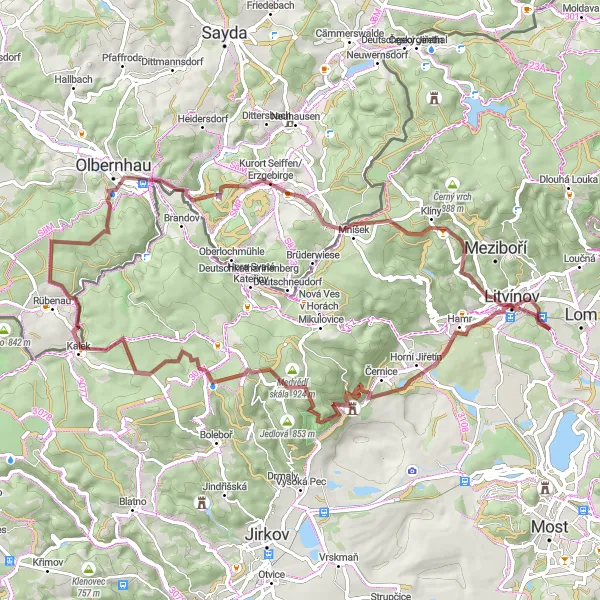 Map miniature of "LitVínov - Kurort Seiffen Gravel Adventure" cycling inspiration in Severozápad, Czech Republic. Generated by Tarmacs.app cycling route planner