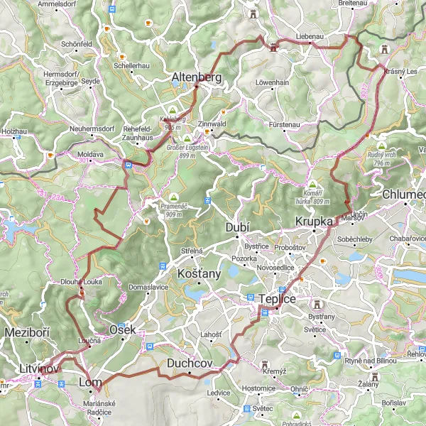 Map miniature of "The Gravel Mountain Challenge" cycling inspiration in Severozápad, Czech Republic. Generated by Tarmacs.app cycling route planner