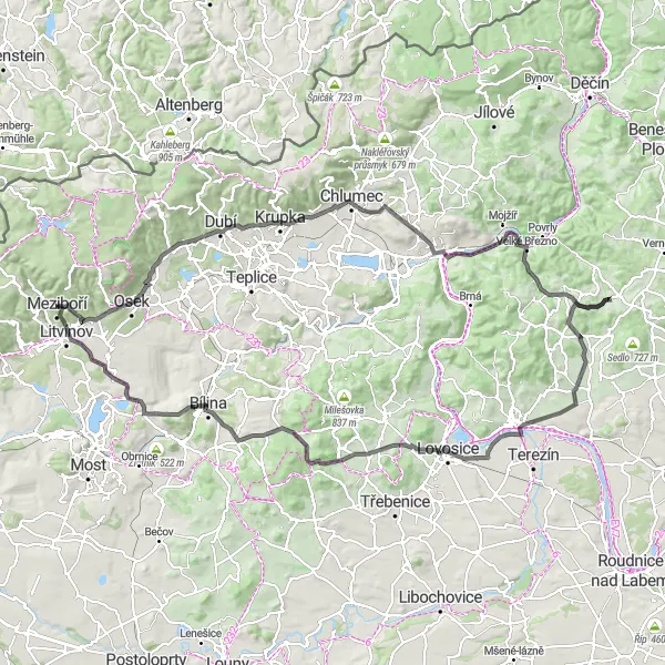 Mapa miniatúra "Road Extrémní výzva okolo vrcholů" cyklistická inšpirácia v Severozápad, Czech Republic. Vygenerované cyklistickým plánovačom trás Tarmacs.app