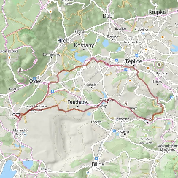 Mapa miniatúra "Gravel okruh kolem Lomu u Mostu" cyklistická inšpirácia v Severozápad, Czech Republic. Vygenerované cyklistickým plánovačom trás Tarmacs.app