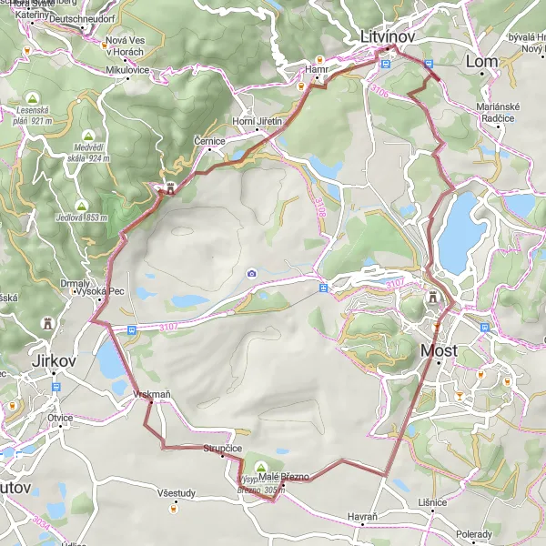 Miniaturní mapa "Gravelová výprava k Mostu" inspirace pro cyklisty v oblasti Severozápad, Czech Republic. Vytvořeno pomocí plánovače tras Tarmacs.app