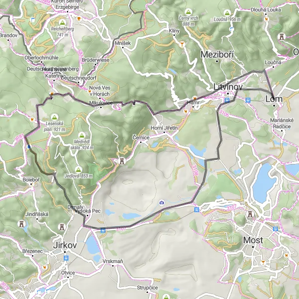 Miniaturní mapa "Cesta okolo Komořan a Chudeřína" inspirace pro cyklisty v oblasti Severozápad, Czech Republic. Vytvořeno pomocí plánovače tras Tarmacs.app