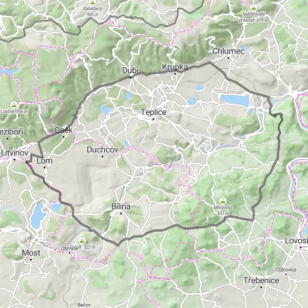 Miniaturní mapa "Okolí Lomu u Mostu a Litvínova" inspirace pro cyklisty v oblasti Severozápad, Czech Republic. Vytvořeno pomocí plánovače tras Tarmacs.app