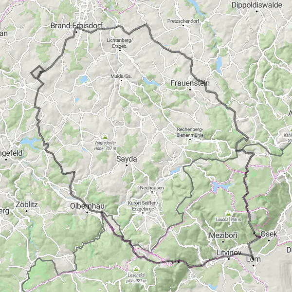 Map miniature of "Road Cycling Route around Lom u Mostu" cycling inspiration in Severozápad, Czech Republic. Generated by Tarmacs.app cycling route planner